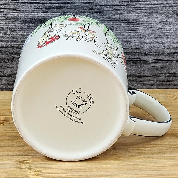 Cat Lover Coffee Mug Christmas Tree Embossed Ceramic Tea Cup Large 21oz Blue Sky