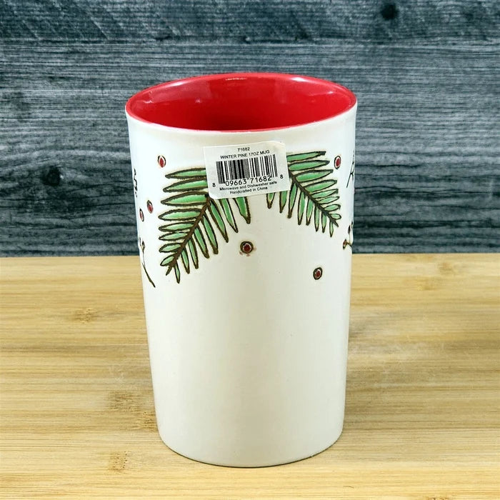 Christmas Coffee Mug Pine Berry Holiday Red Embossed Cup Ceramic Blue Sky 17oz