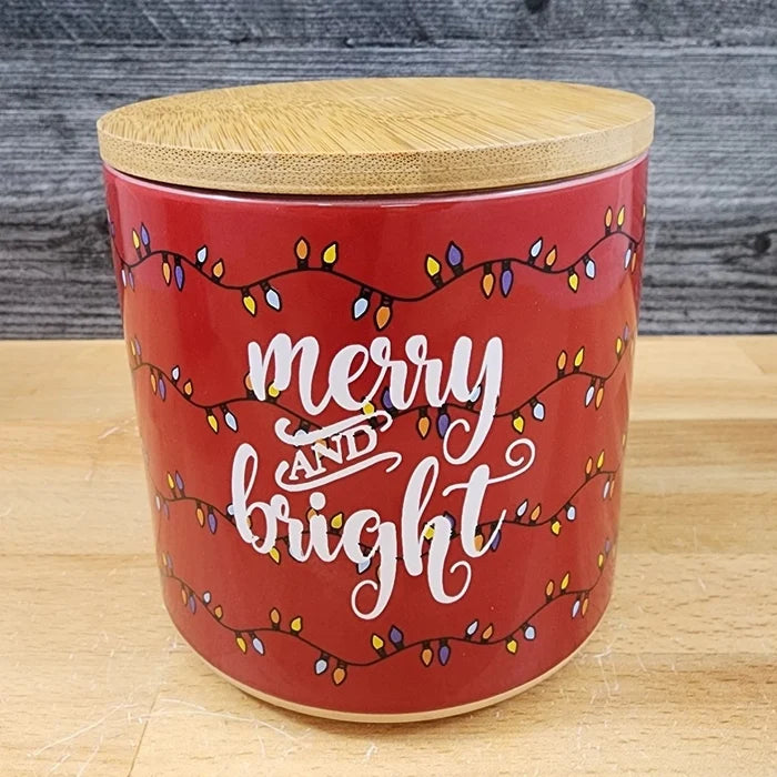 Christmas Holiday Canister & Bamboo Lid Embossed 4" Ceramic Jar Blue Sky Green