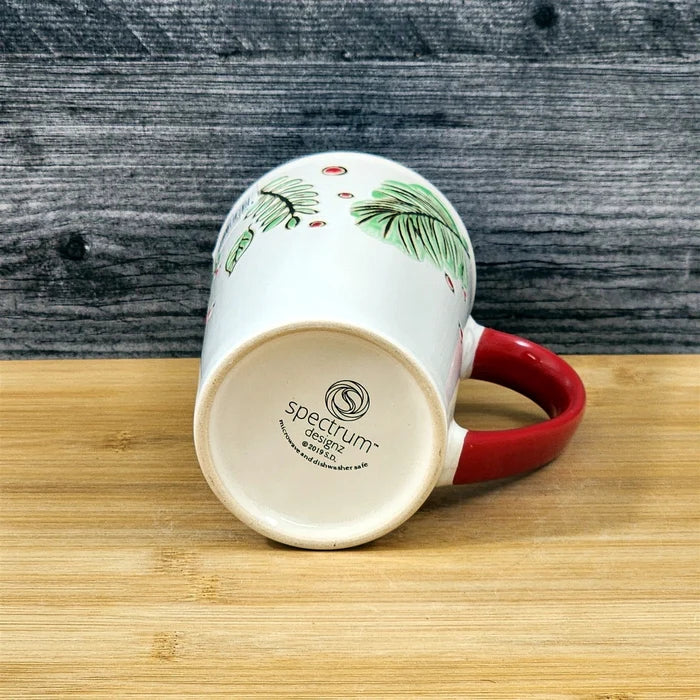 Coffee Mug Christmas Pine Berry Holiday Red Embossed Cup Ceramic Blue Sky 17oz