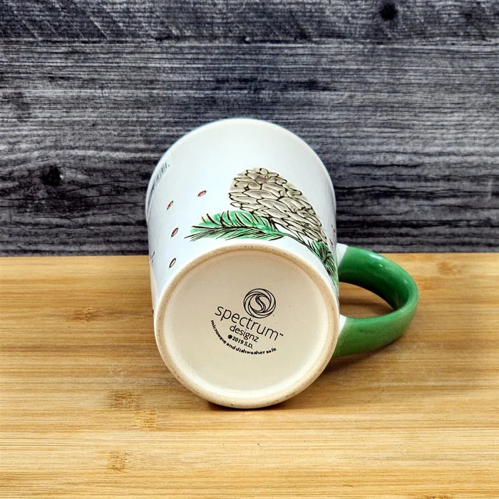 Coffee Mug Christmas Pine Cone Holiday Green Embossed Cup Ceramic Blue Sky 17oz