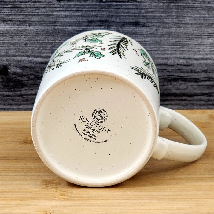 Coffee Mug Winter Holly Christmas Holiday Ceramic Tea Cup Blue Sky 16oz Embossed