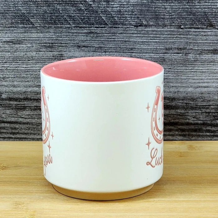 Country Western Coffee Mug Pink Lucky Horse Shoe Ceramic Tea Cup Blue Sky 18oz