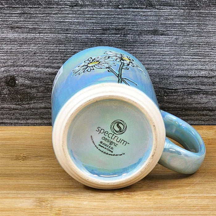 Daisy Flowers Summer Coffee Mug Yellow Tea Cup Ceramic Embossed Blue Sky 18oz