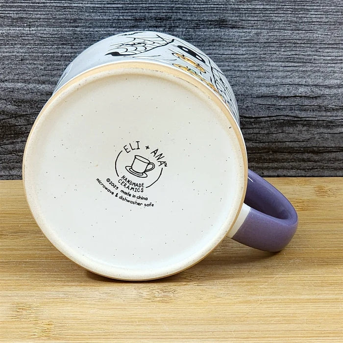 Halloween Ghost Cat Coffee Mug Pumpkin Ceramic Purple Flowers Cup Blue Sky 17oz