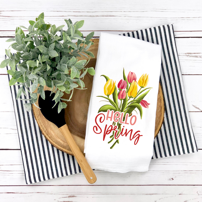 Hello Spring, Floral Design, Spring Tea Towel, Kitchen Décor, Hostess Gift