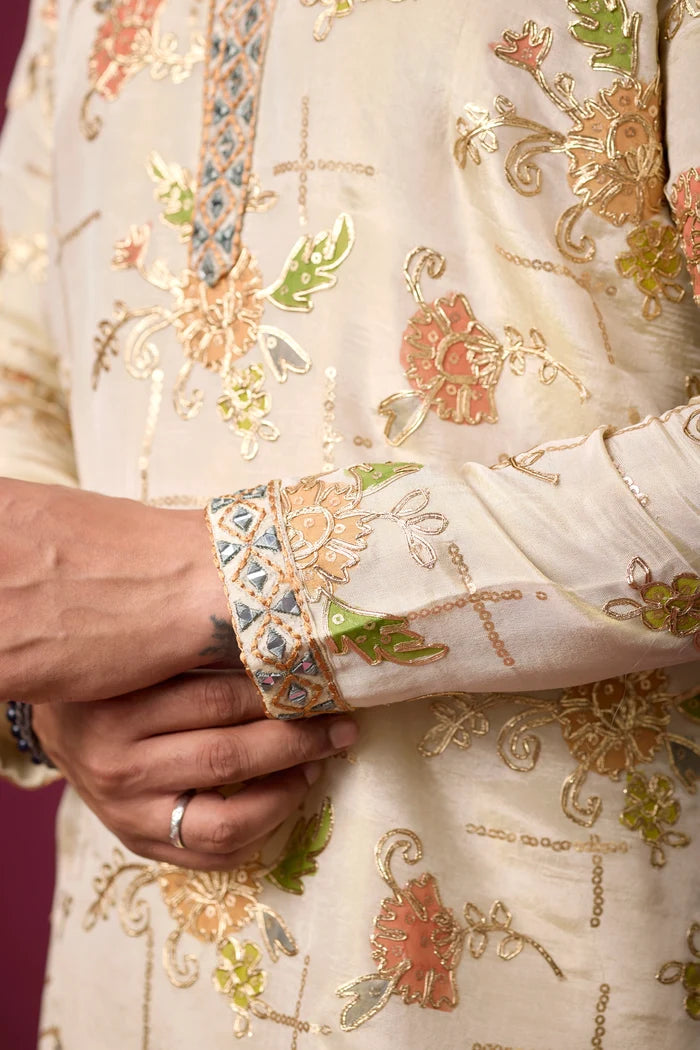 Ivory Floral Heritage Embroidered Kurta Set for Men – Full Length View | Mahavir NX