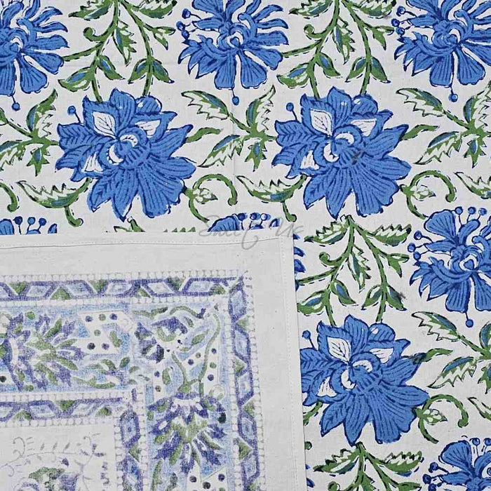 Cotton Block Print Lotus Flower Tablecloth Round Rectangular Square Blue - Sweet Us
