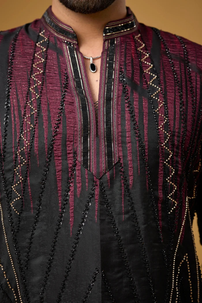 Midnight Maroon Geometric Kurta Set – Full Length View | Mahavir NX