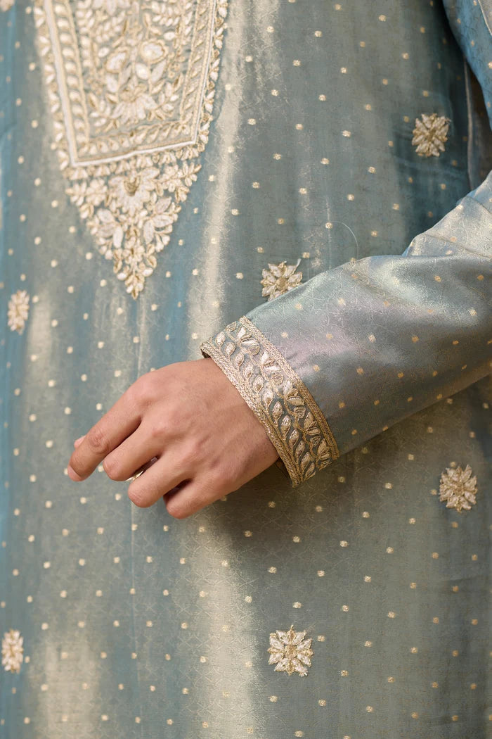 Premium Blue Floral Kurta Set for Men – Full Length View | Mahavir NX