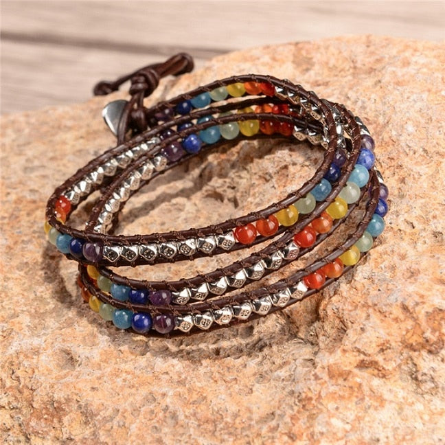 Chakra Bracelet Jewelry Handmade Leather Wrap Bracelet Multi Color Spare Crystal Beads Natural Stone Bracelet