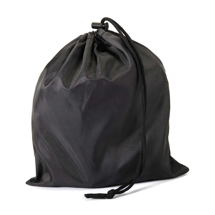 Black drawstring storage bag with resistance bands, ankle straps, and handles for portable full-body training tools