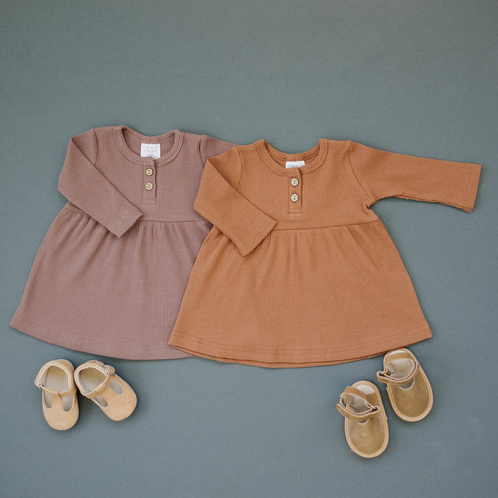 Rust Long Sleeve Button Ribbed Organic Cotton Dress