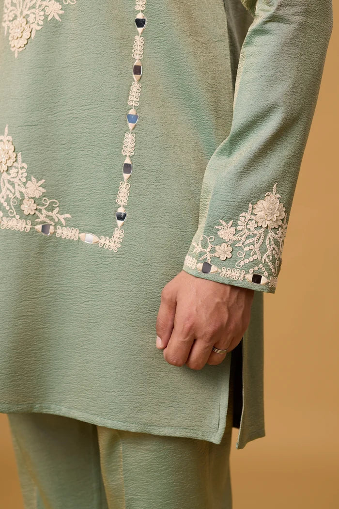 Sage Green Floral Kurta Set for Men – Full Length View | Mahavir NX