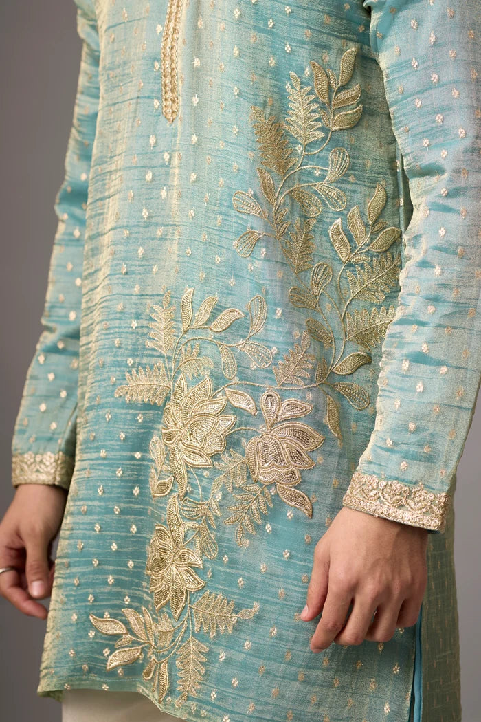Sage Teal Floral Heritage Kurta Set for Men – Full Length View | Mahavir NX