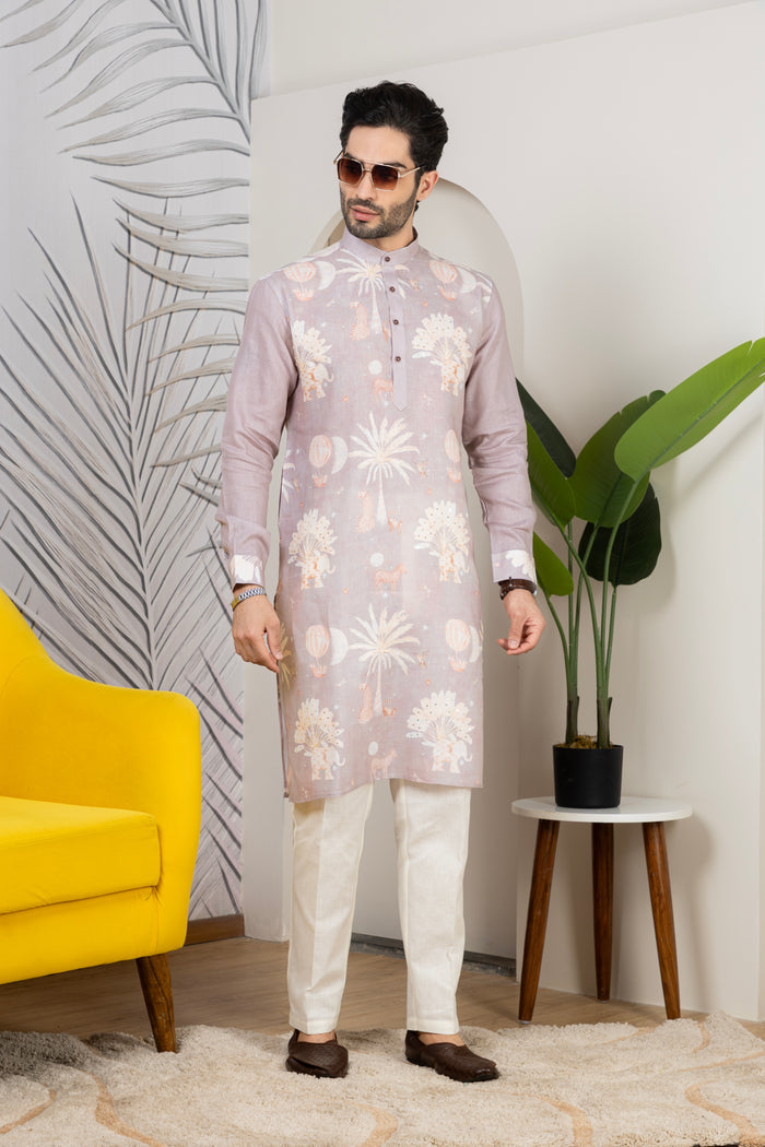 Signature Dusty Mauve Linen Printed Festive Kurta for Men | Mahavir NX