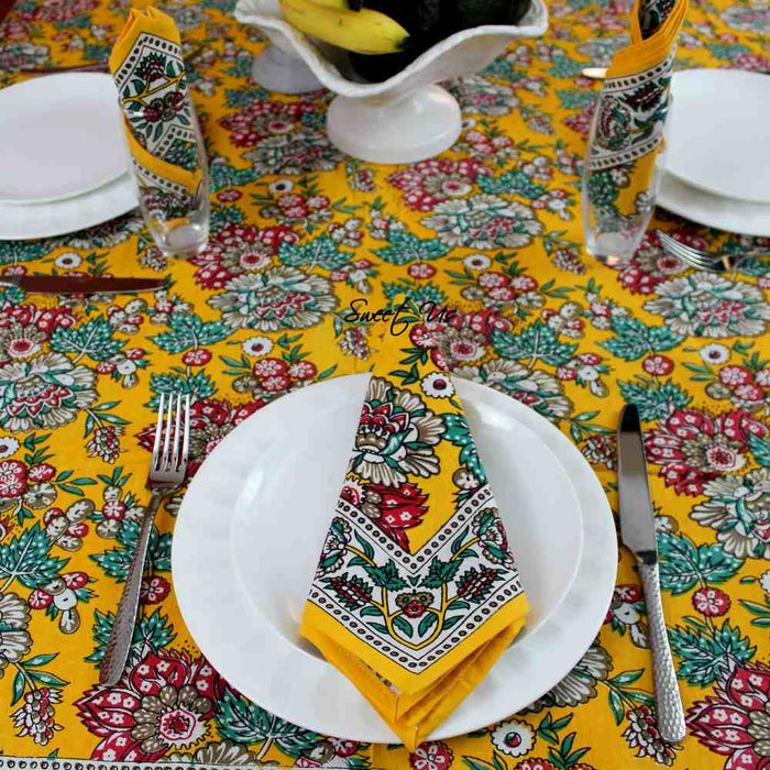 Floraison de Luxe Cotton French Country Floral Tablecloth, Golden Garden - Sweet Us