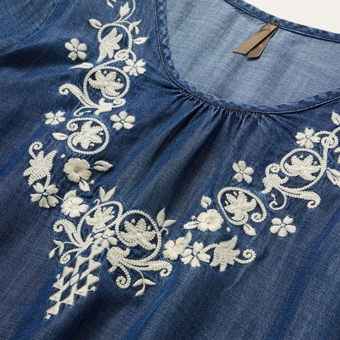 Stetson Women's Floral Embroidered Denim Peasant Blouse in Dark Blue