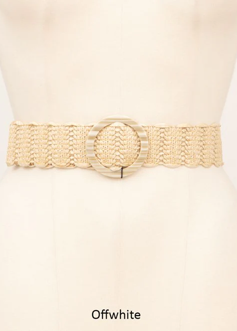 Mannequin wearing an off-white belt with a circular buckle on a white background, branded 'Molly Bracken'.