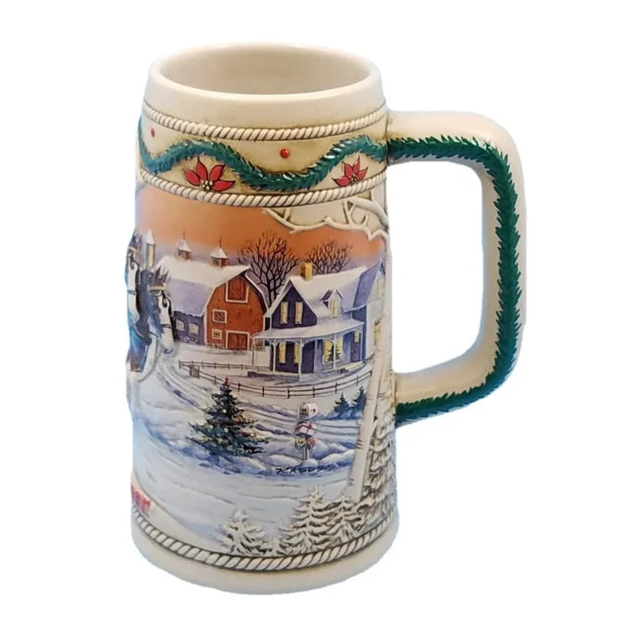 1996 Budweiser Stein Bud Holiday Christmas Ceramic Beer Mug American Homestead
