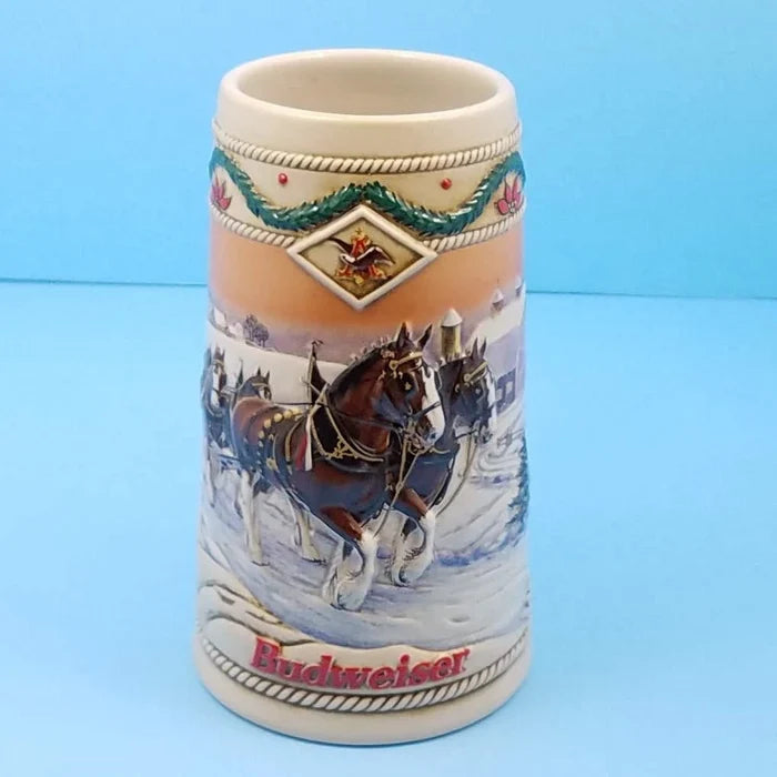 1996 Budweiser Stein Bud Holiday Christmas Ceramic Beer Mug American Homestead