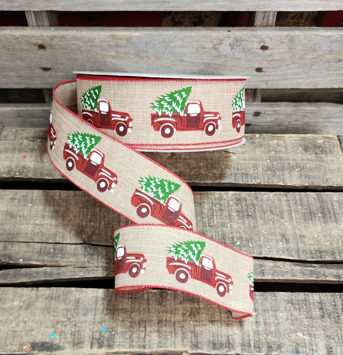 2.5" Red Truck Wired Linen Ribbon 50 Yd Roll