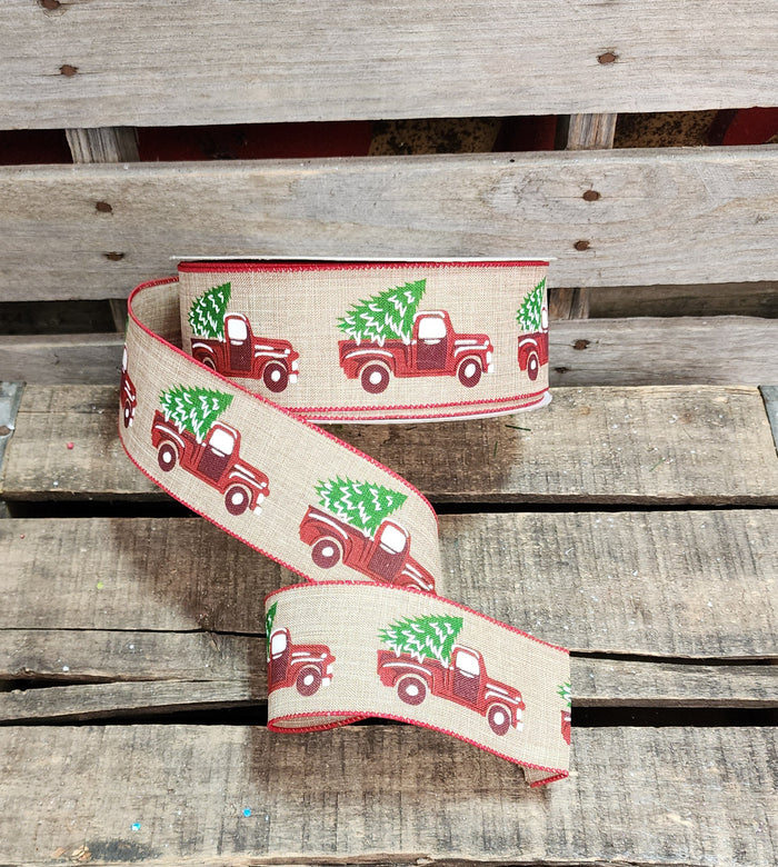 2.5" Red Truck Wired Linen Ribbon 50 Yd Roll