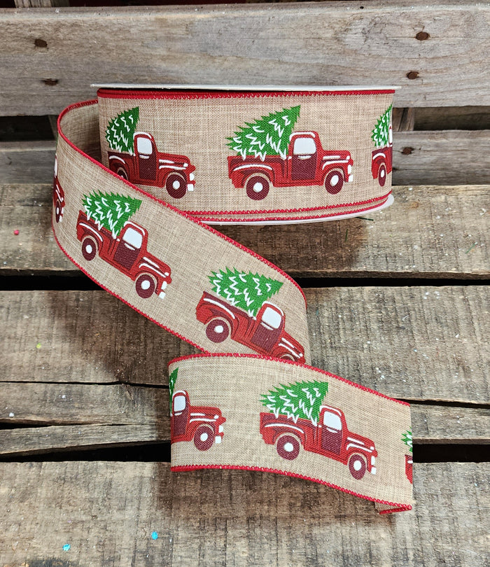 2.5" Red Truck Wired Linen Ribbon 50 Yd Roll