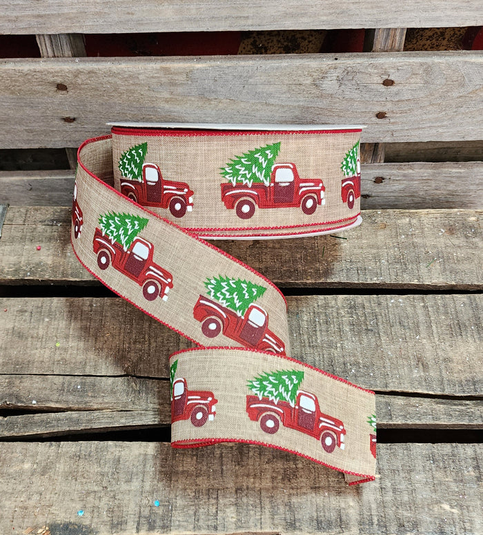 2.5" Red Truck Wired Linen Ribbon 50 Yd Roll
