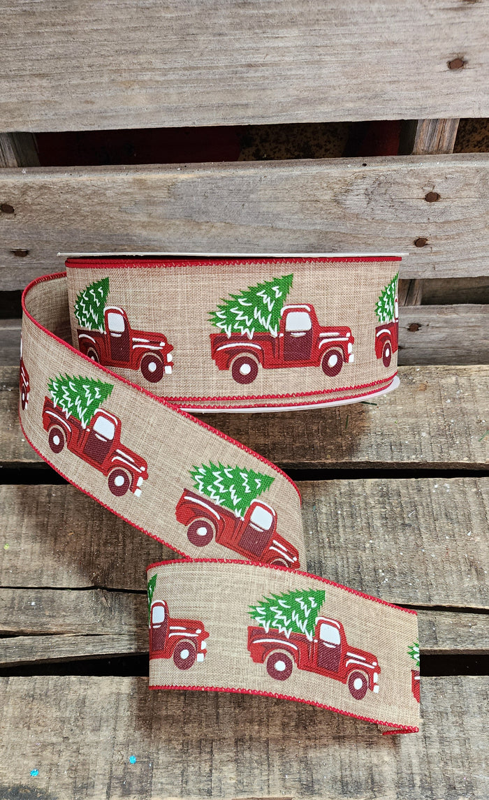 2.5" Red Truck Wired Linen Ribbon 50 Yd Roll