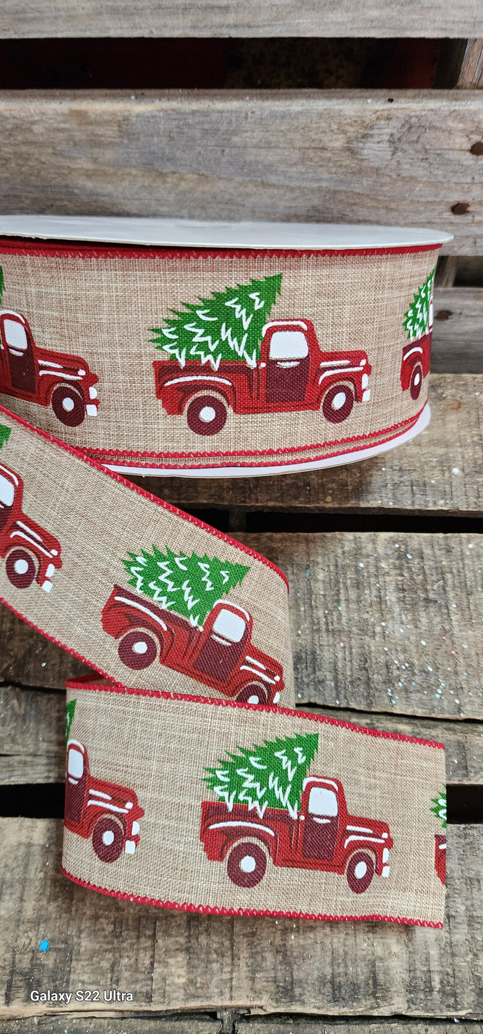 2.5" Red Truck Wired Linen Ribbon 50 Yd Roll