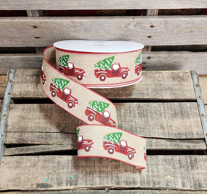 2.5" Red Truck Wired Linen Ribbon 50 Yd Roll