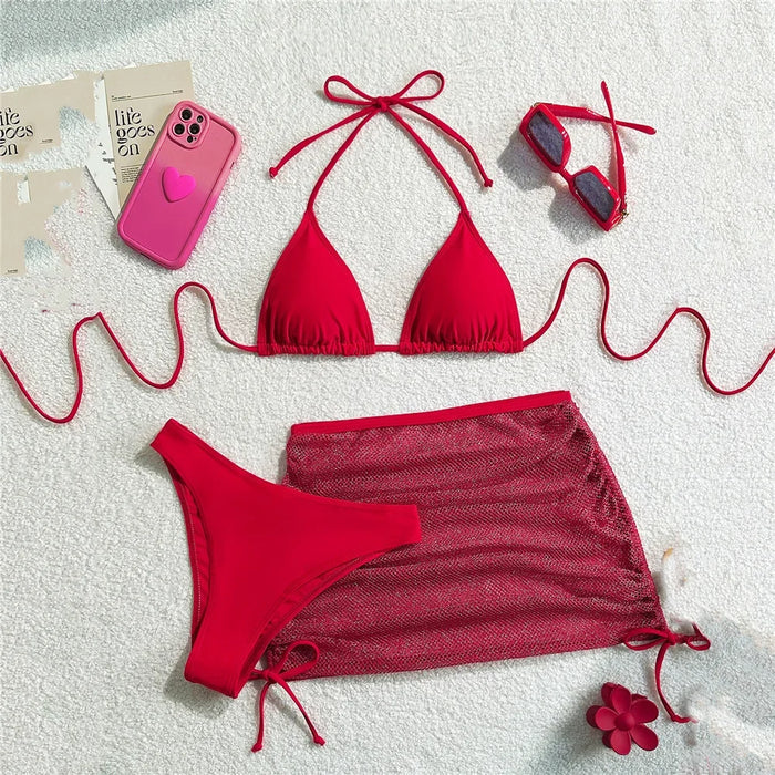 Red halter triangle bikini set with mesh skirt – Sexy swimwear women – FTF Market