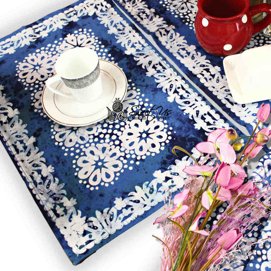 Batik Bloom Cotton Floral Tablecloth Rectangle, Round, Square, Shadow Blue - Sweet Us