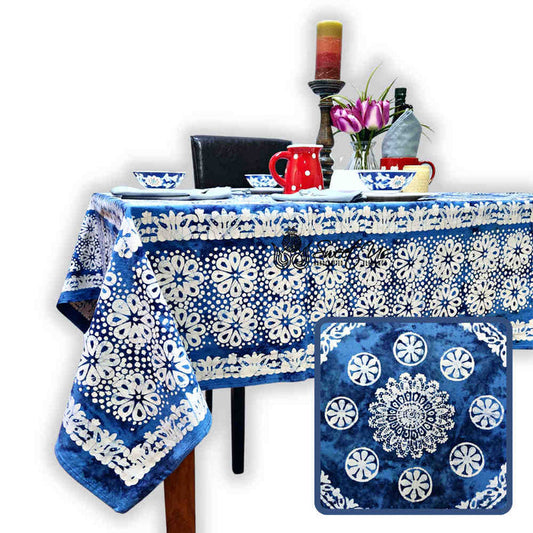 Batik Bloom Cotton Floral Tablecloth Rectangle, Round, Square, Shadow Blue - Sweet Us