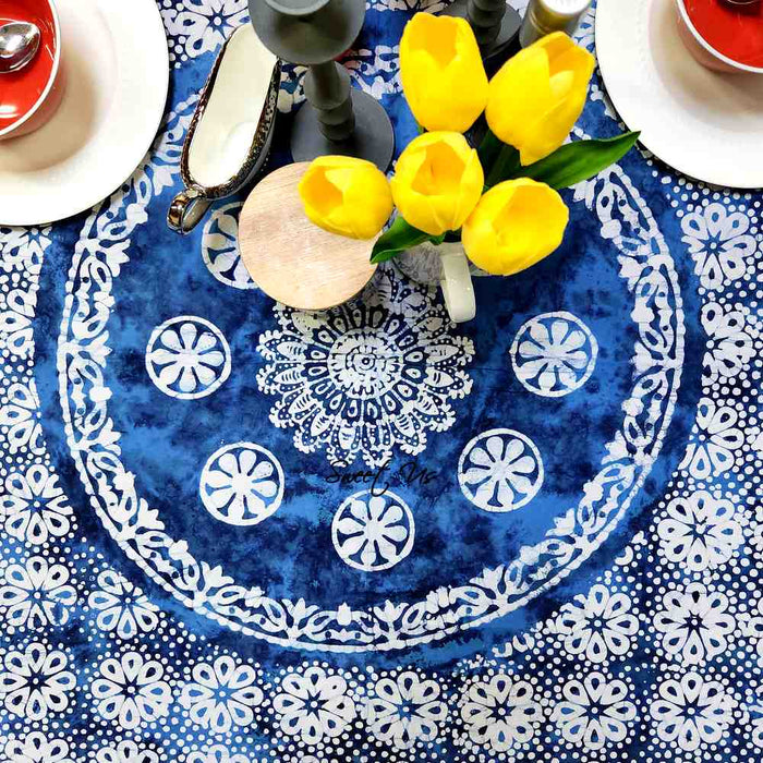 Batik Bloom Cotton Floral Tablecloth Rectangle, Round, Square, Shadow Blue - Sweet Us