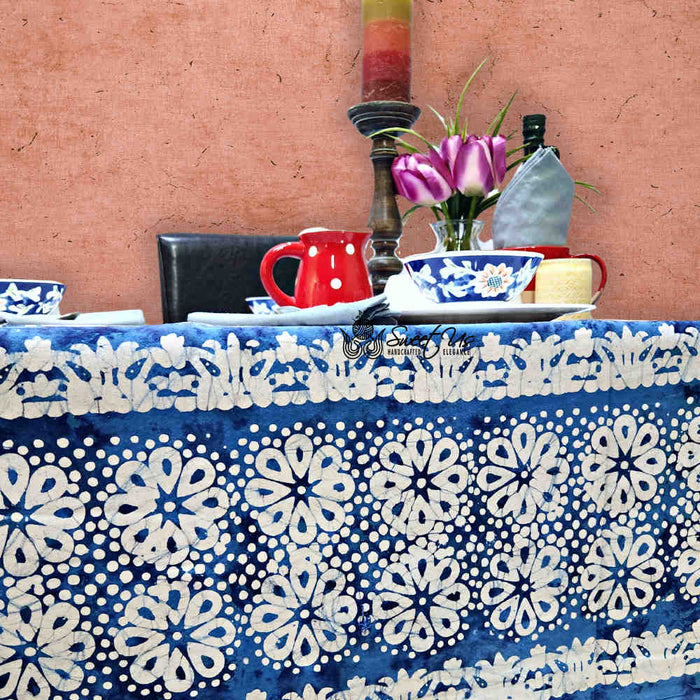 Batik Bloom Cotton Floral Tablecloth Rectangle, Round, Square, Shadow Blue - Sweet Us