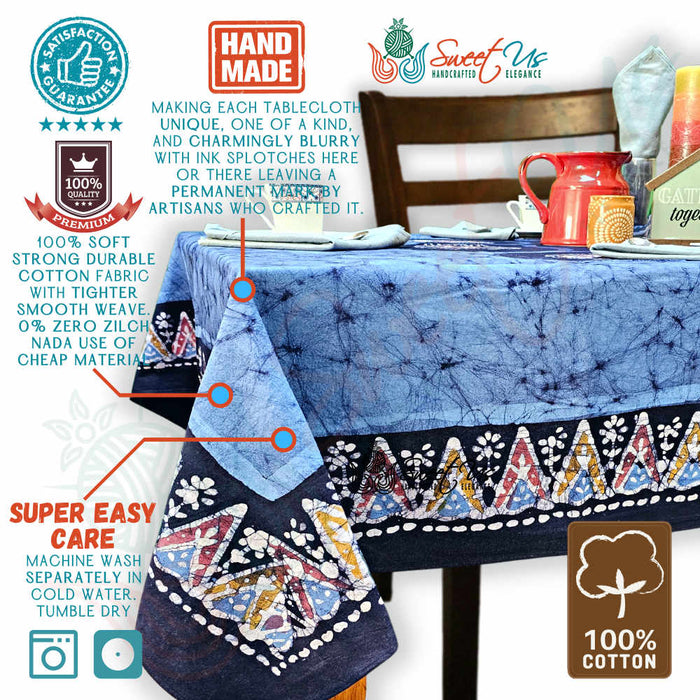 Cotton Batik Paisley Oasis Floral Tablecloth Collection, Sapphire Night - Sweet Us