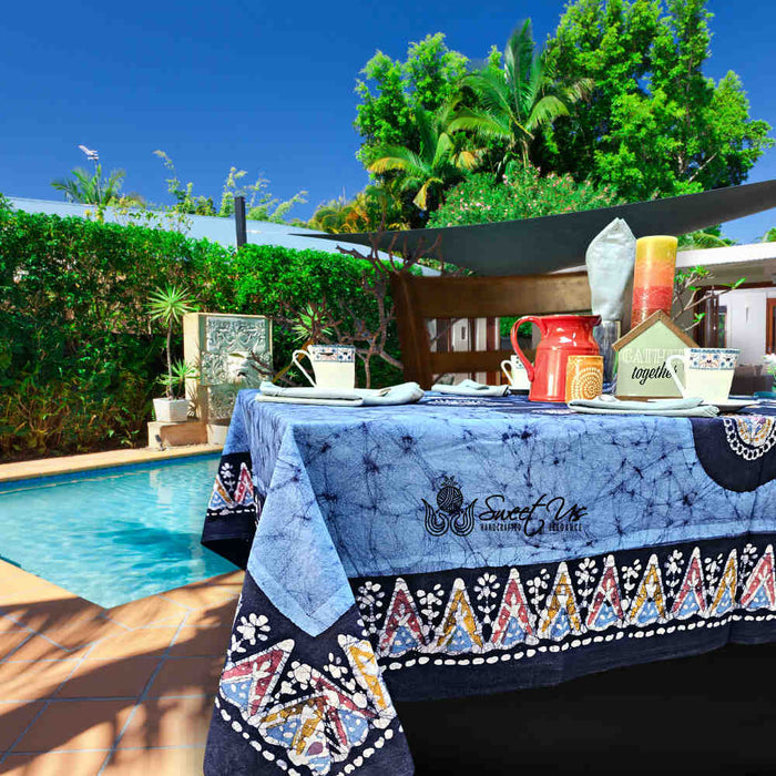 Cotton Batik Paisley Oasis Floral Tablecloth Collection, Sapphire Night - Sweet Us