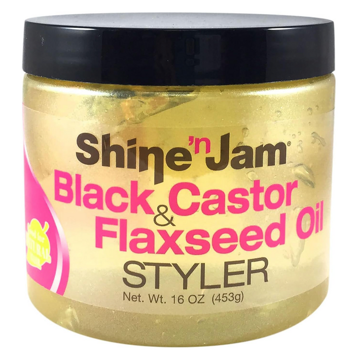 Ampro Shine ’n Jam Black Castor and Flaxseed Oil Styler 453g hair gel with a non-greasy formula for braids, natural curls, sleek edges and protective hairstyles
