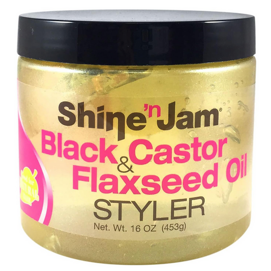 Ampro Shine ’n Jam Black Castor and Flaxseed Oil Styler 453g hair gel with a non-greasy formula for braids, natural curls, sleek edges and protective hairstyles