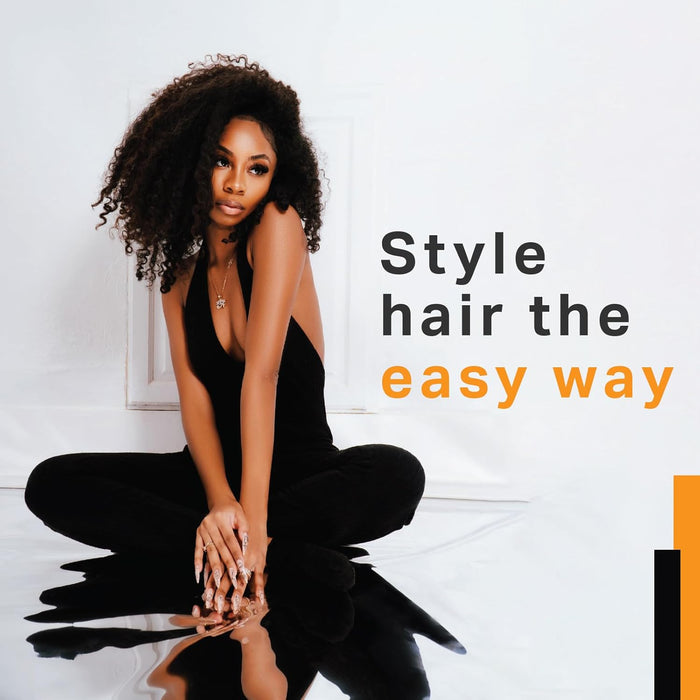 Woman with voluminous natural curls styled using Ampro Shine ’n Jam Black Castor and Flaxseed Oil Styler for easy curl definition, hold and frizz control