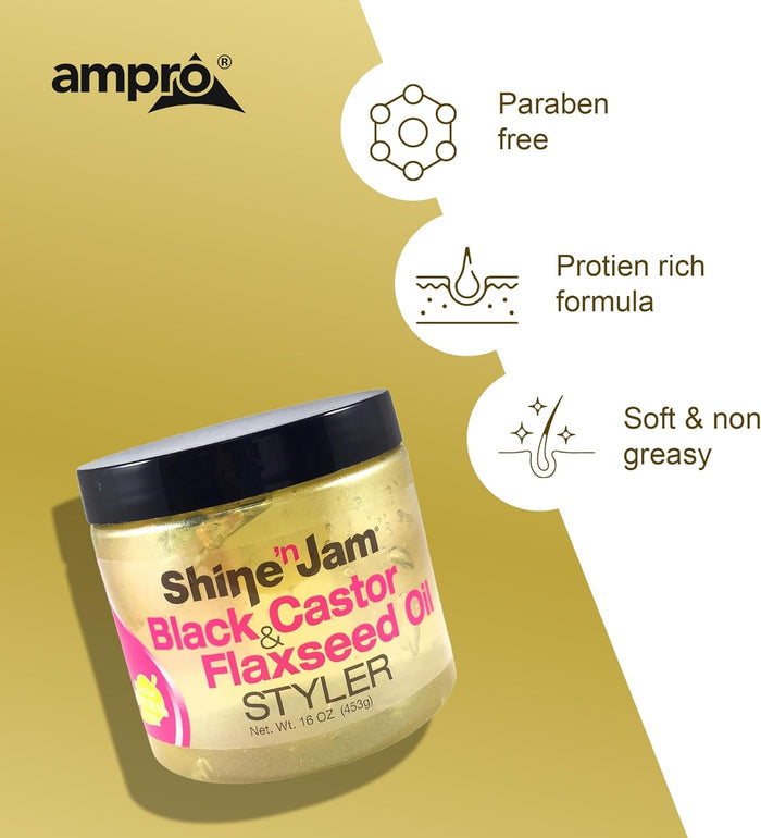 Ampro Shine ’n Jam Black Castor and Flaxseed Oil Styler 453g, featuring a paraben-free, protein-rich, soft and non-greasy hair styling formula