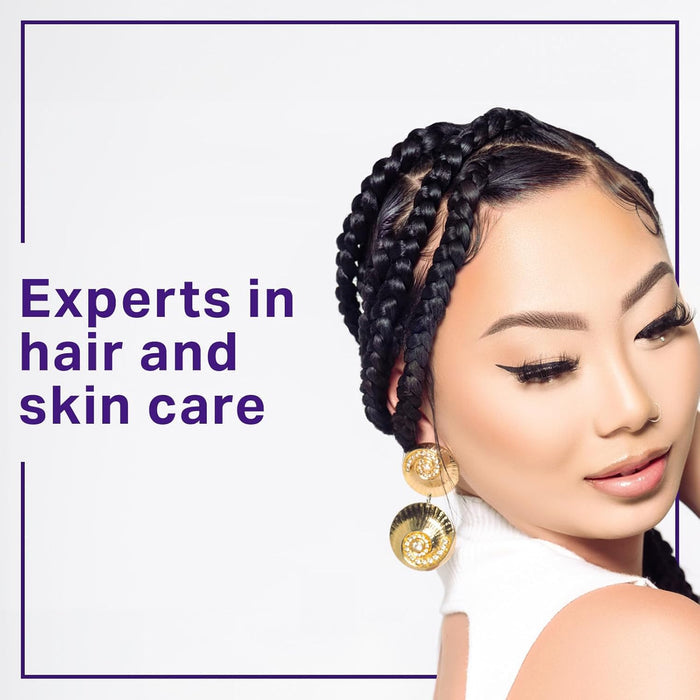 Sleek braided hairstyle with smooth edges created using Ampro Shine ’n Jam Black Castor and Flaxseed Oil Styler for braids, twists and protective styles