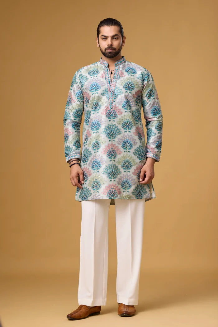 Azure Bloom Printed Jacquard Kurta Set for Men | Mahavir NX