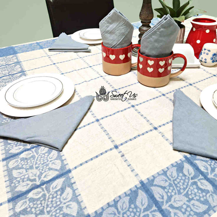 Jacquard Berry Vine Cotton Floral Tablecloth Collection, Oceanic Haze - Sweet Us