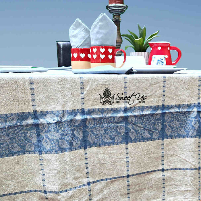 Jacquard Berry Vine Cotton Floral Tablecloth Collection, Oceanic Haze - Sweet Us