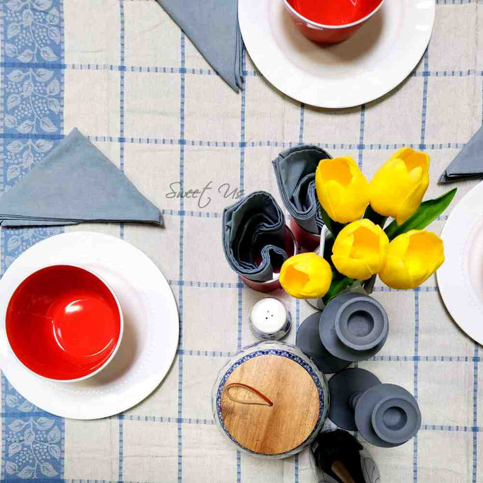 Jacquard Berry Vine Cotton Floral Tablecloth Collection, Oceanic Haze - Sweet Us