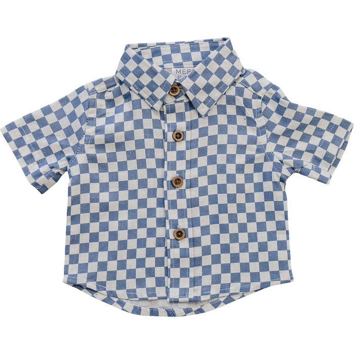 Blue Checkered Linen Button Up Shirt