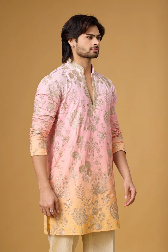 Botanical Bird Motif Kurta Pajama Set – Front View | Mahavir NX